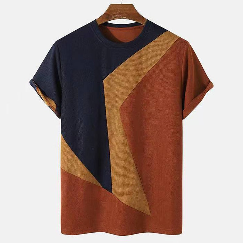 Patchwork Shirt Simple Men's T-shirt Striped Print Short Sleeve