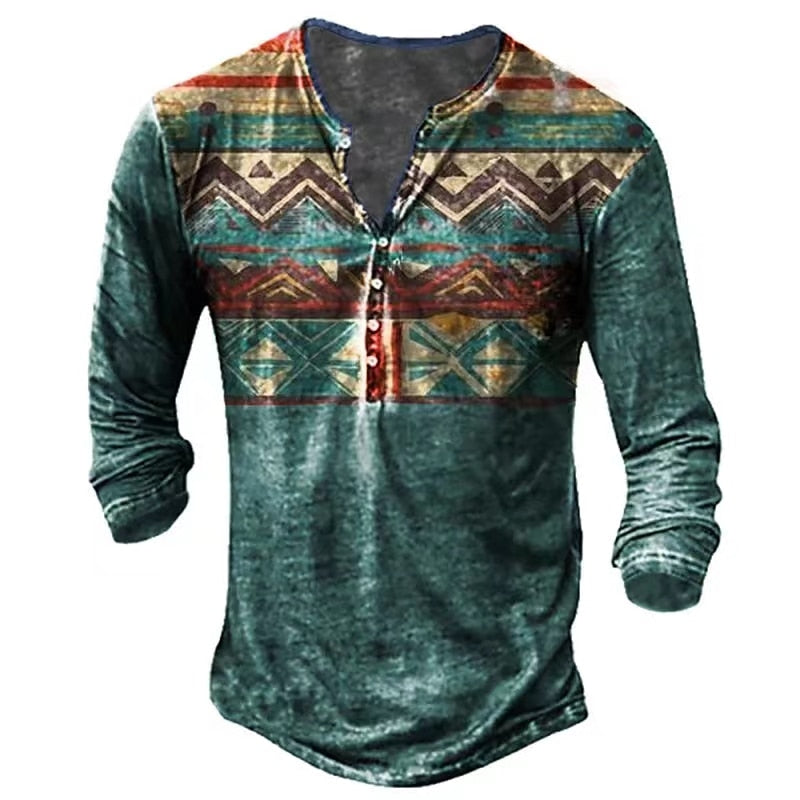 Vintage Men's T-Shirts With Button Ethnic Pattern Print Spring Autumn Loose O-Neck Long Sleeve Oversized T Shirts Male Clothing