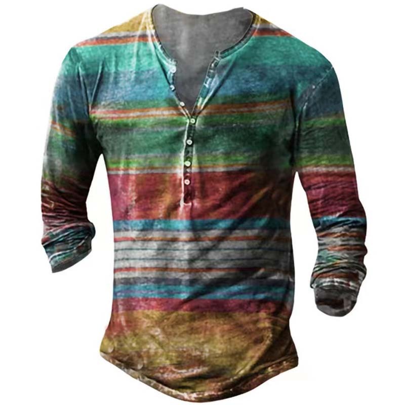 Vintage Men's T-Shirts With Button Ethnic Pattern Print Spring Autumn Loose O-Neck Long Sleeve Oversized T Shirts Male Clothing