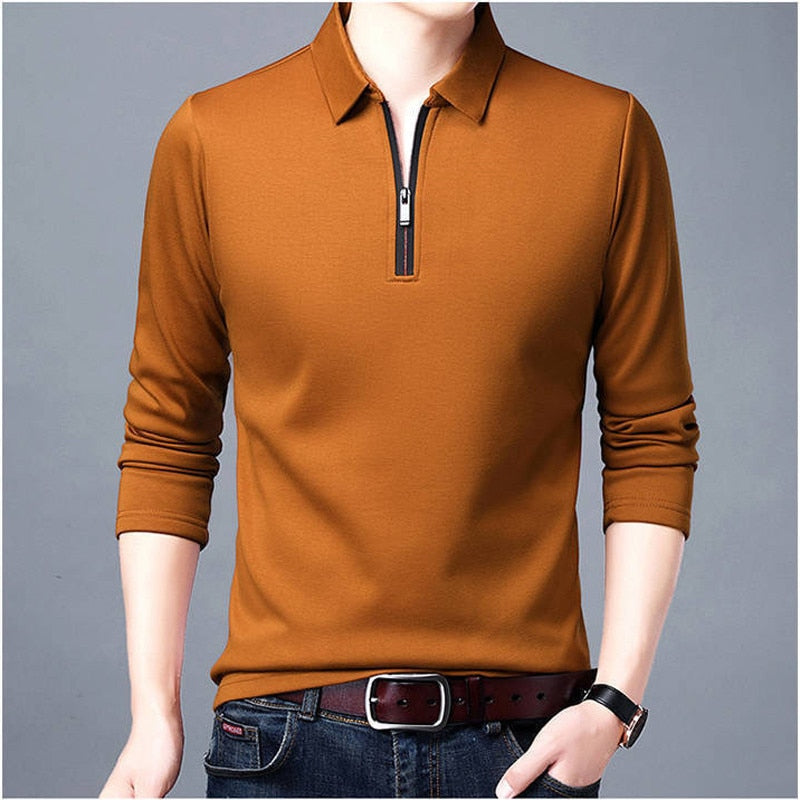 New Men's Solid Polo Shirt Lapel Long-sleeved Polos Shirt Zipper