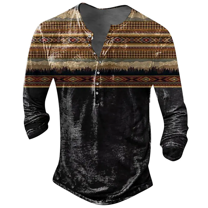 Vintage Men's T-Shirts With Button Ethnic Pattern Print Spring Autumn Loose O-Neck Long Sleeve Oversized T Shirts Male Clothing