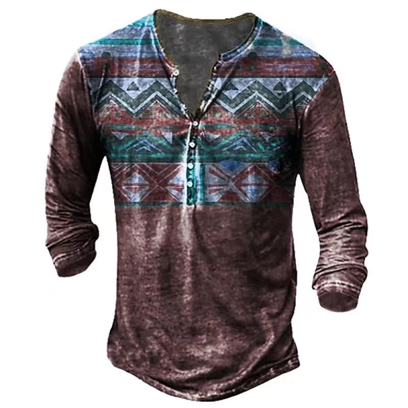 Vintage Men's T-Shirts With Button Ethnic Pattern Print Spring Autumn Loose O-Neck Long Sleeve Oversized T Shirts Male Clothing