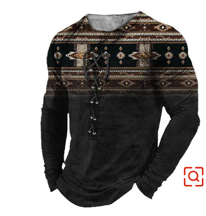 Vintage Men's T-Shirts With Button Ethnic Pattern Print Spring Autumn Loose O-Neck Long Sleeve Oversized T Shirts Male Clothing