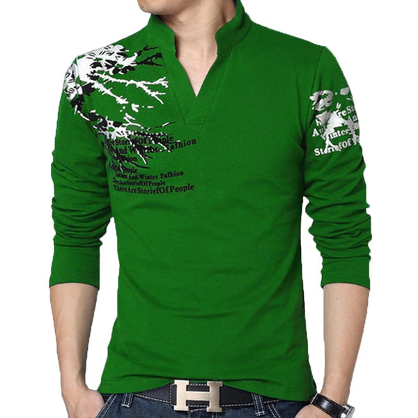 Hot Sale New Autumn Men's T Shirt Fashion Flower Print V Neck Long Sleeve T Shirt Mens Clothes Trend Casual Top Tee Men 5XL