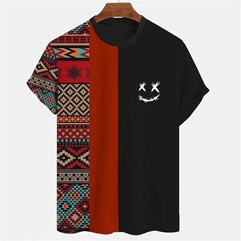 Patchwork Shirt Simple Men's T-shirt Striped Print Short Sleeve