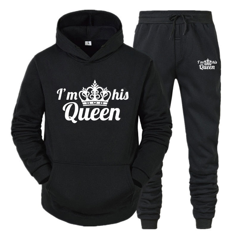 Lover Tracksuit Hoodies Printing QUEEN KING Couple Sweatshirt Plus Size Hooded Clothes Hoodies Women Two Piece Set