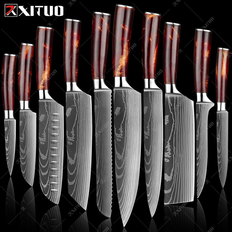 XITUO Kitchen Knife Set Japanese Chef Knives 7CR17 Stainless Steel Damascus Laser Slicing Santoku Cleaver 1-10pc Kitchen Knifes