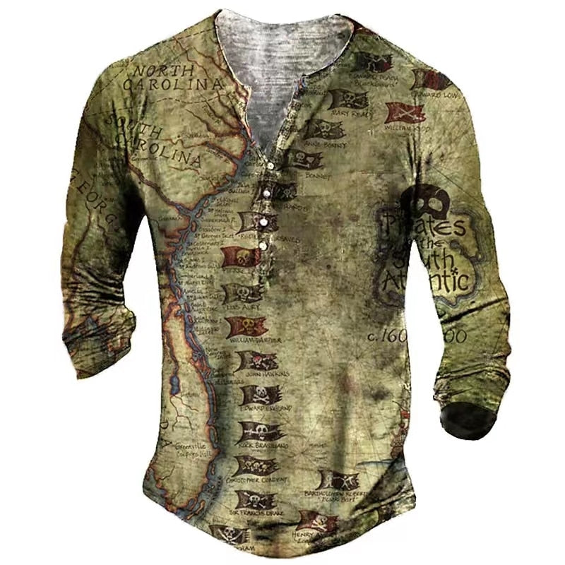 Vintage Men's T-Shirts With Button Ethnic Pattern Print Spring Autumn Loose O-Neck Long Sleeve Oversized T Shirts Male Clothing