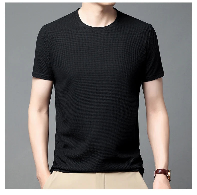 New Summer Waffle Round Neck Short Sleeved T-shirt for Men's Short Sleeved Top