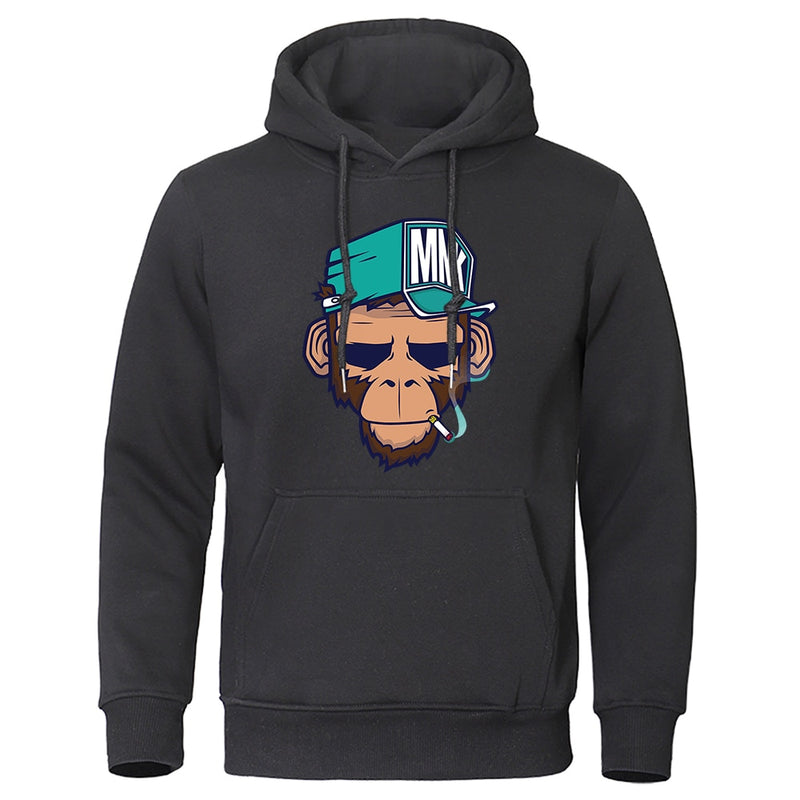 Personality Smoking Monkey Hoodie Mens Fashion Warm Sweatshirt Hip Hop