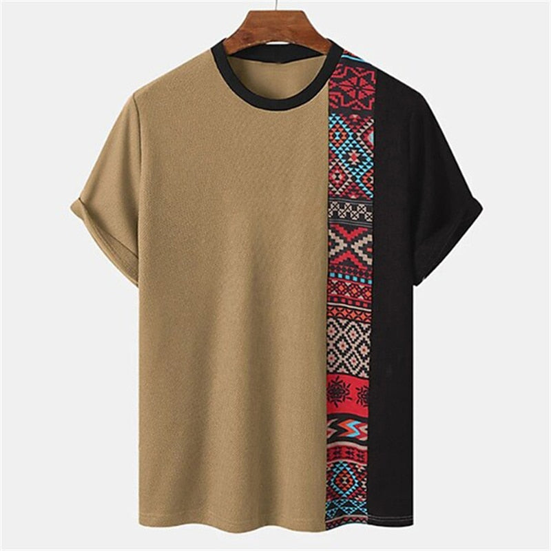 Patchwork Shirt Simple Men's T-shirt Striped Print Short Sleeve