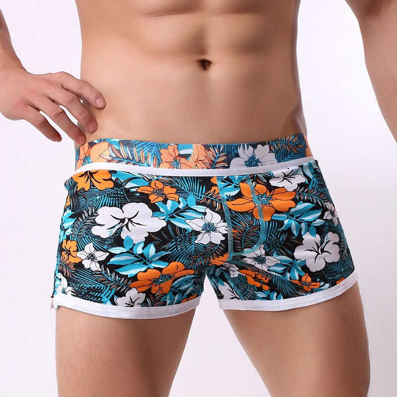 New Mens Shorts Cotton Men Homewear Flower Print Cuecas Underpants for Gay Plus Size Breathable Sexy Shorts Mens Fashion Shorts