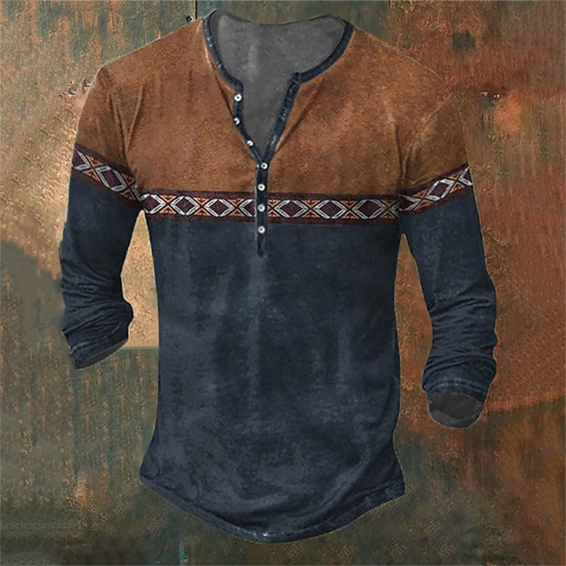 Vintage Men's T-Shirts With Button Ethnic Pattern Print Spring Autumn Loose O-Neck Long Sleeve Oversized T Shirts Male Clothing