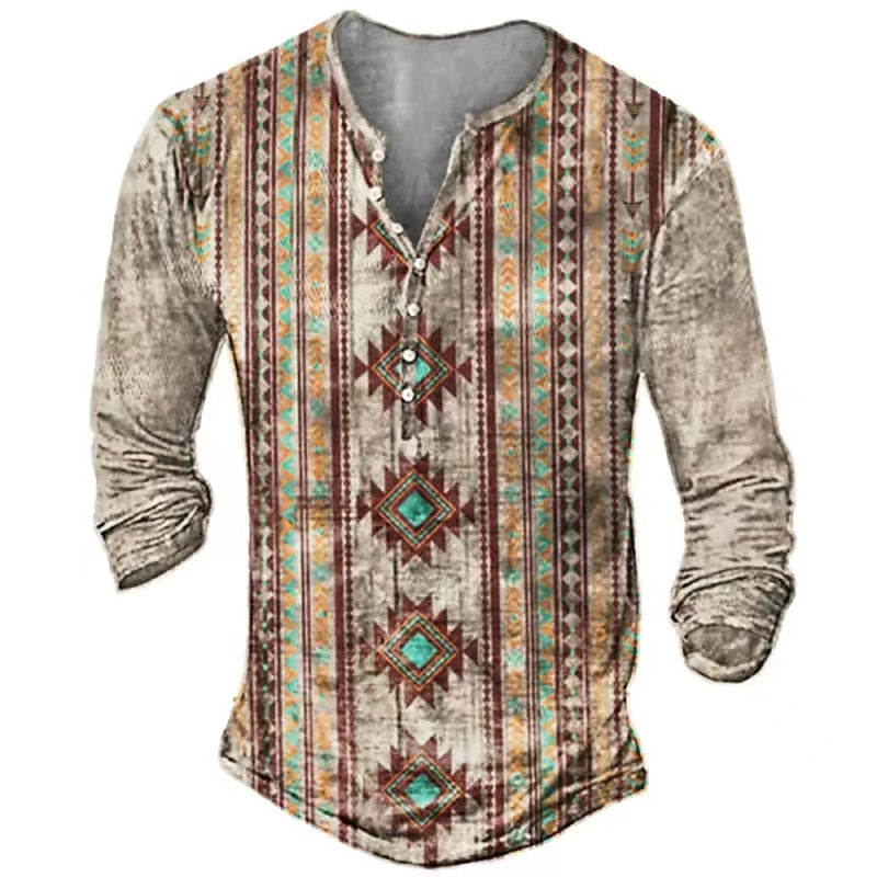 Vintage Men's T-Shirts With Button Ethnic Pattern Print Spring Autumn Loose O-Neck Long Sleeve Oversized T Shirts Male Clothing