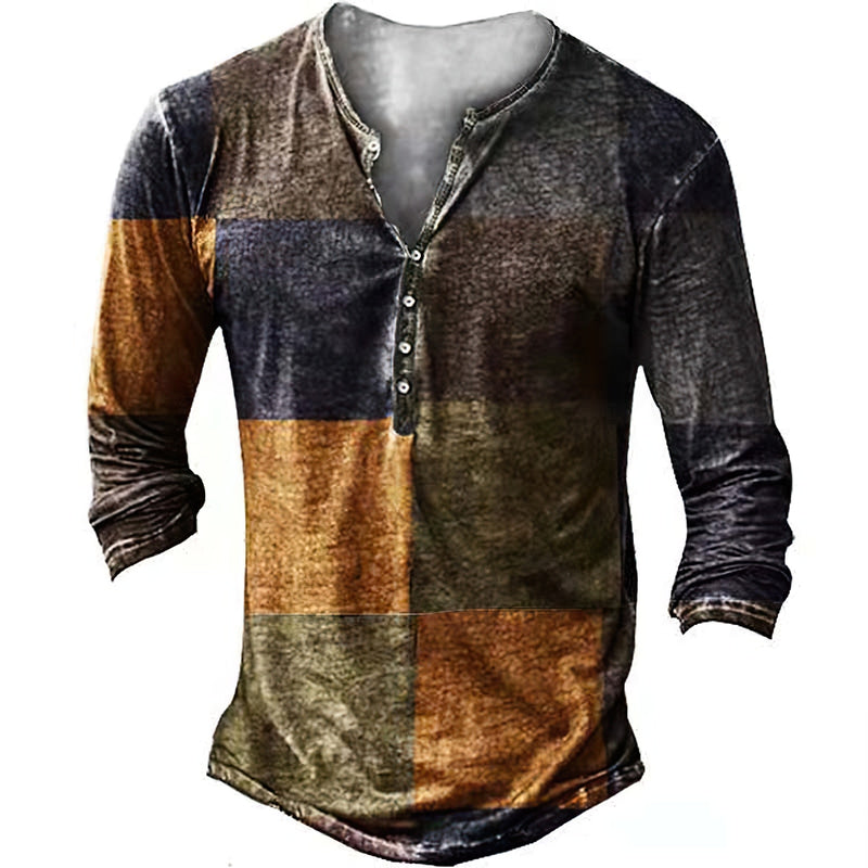 Vintage Men's T-Shirts With Button Ethnic Pattern Print Spring Autumn Loose O-Neck Long Sleeve Oversized T Shirts Male Clothing