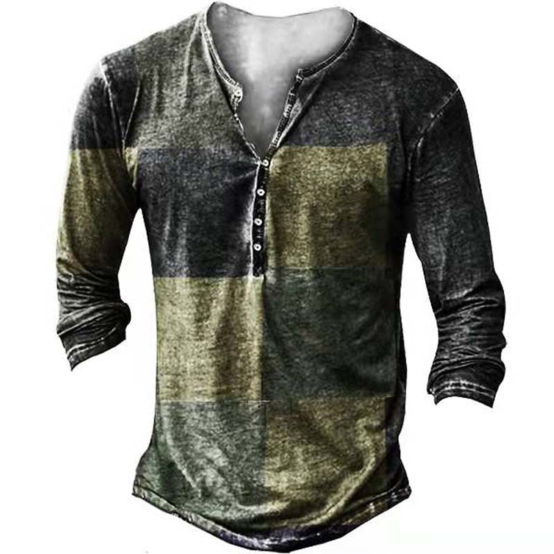 Vintage Men's T-Shirts With Button Ethnic Pattern Print Spring Autumn Loose O-Neck Long Sleeve Oversized T Shirts Male Clothing