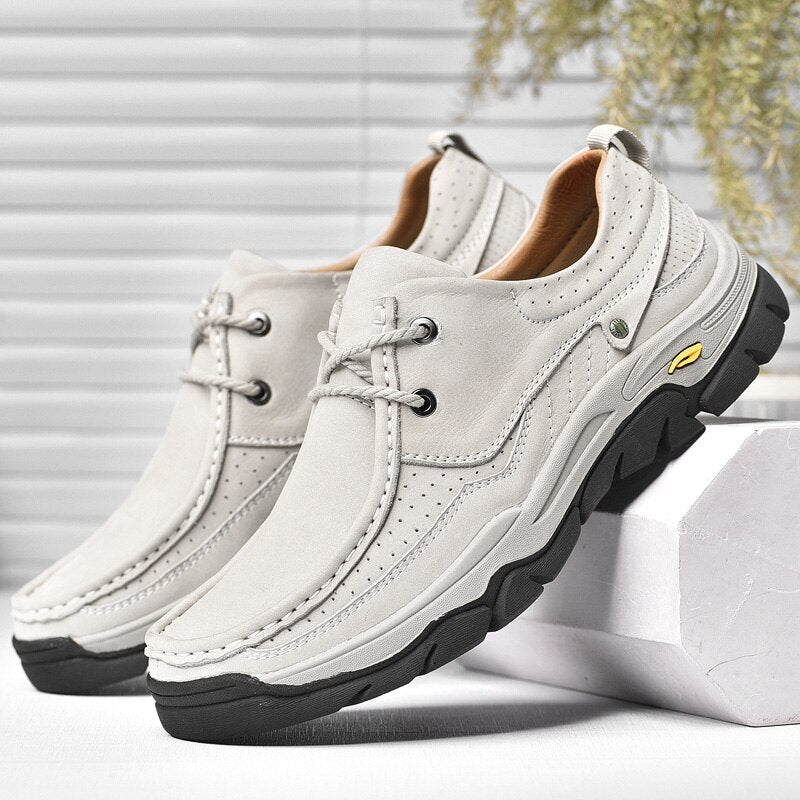 Mens Leather Shoes Luxury Brand Mens Genuine Leather Shoes Outdoor Hiking Shoes Thick Soled Antiskid Shoes Sneakers