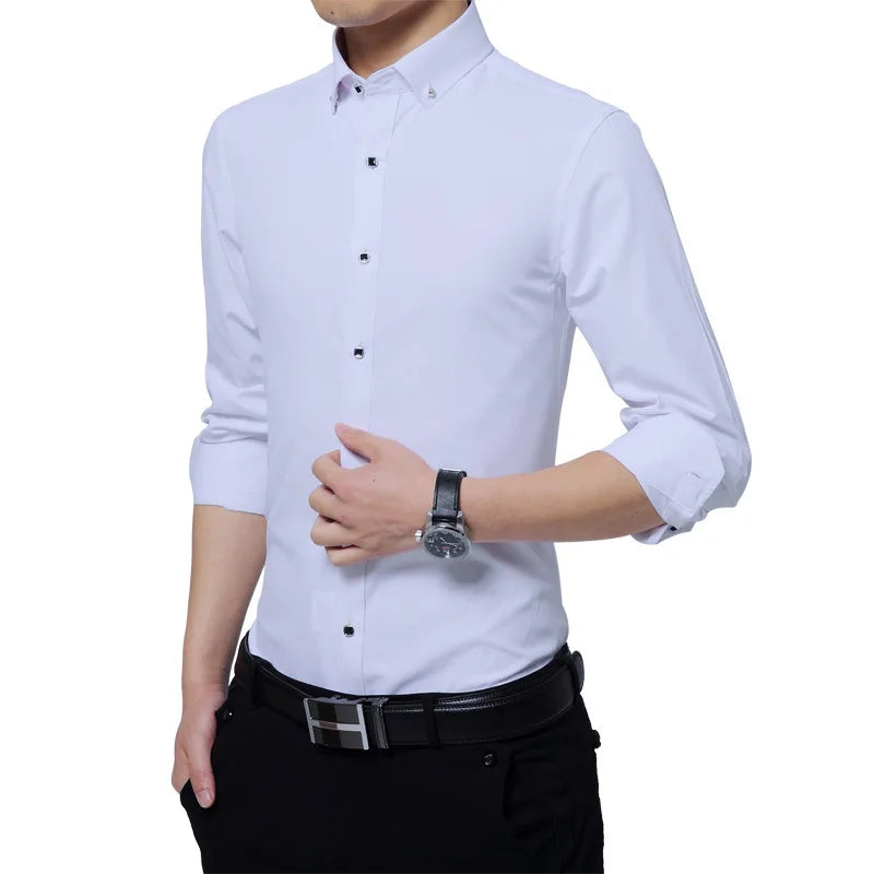 Fashion Luxury Men's Diamond Button Solid Dress Shirt Casual Standard-fit Comfortable Soft Long Sleeve Shirt Men Clothing