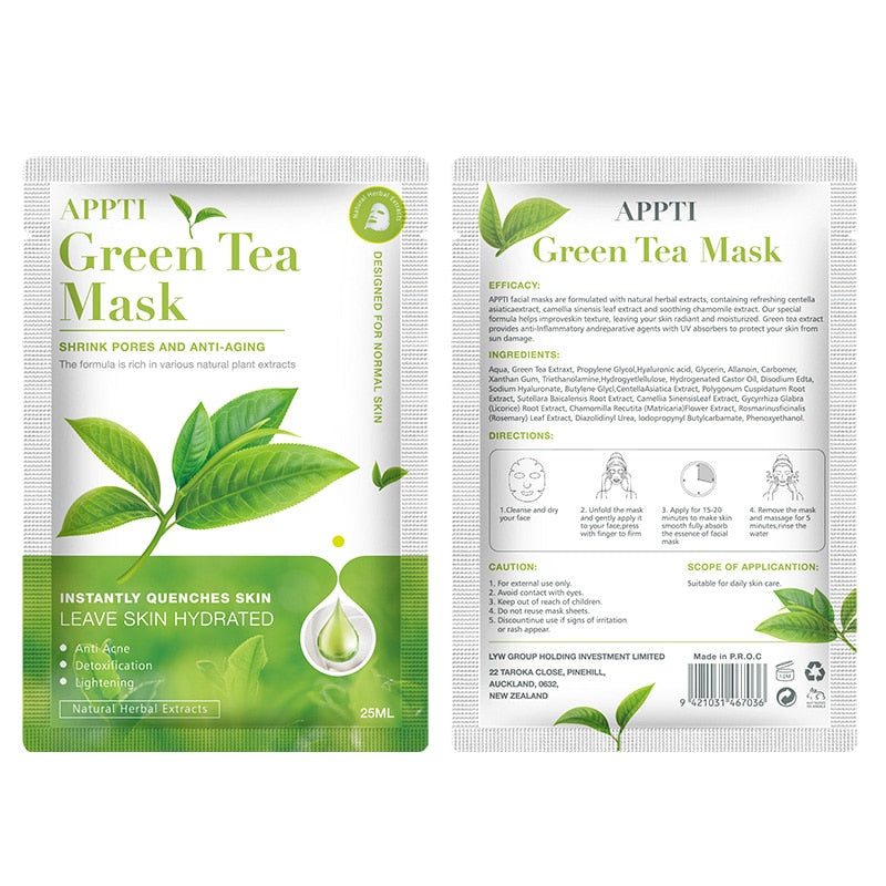 APPTI High Quality Korean Skin Care Instantly Quenches Skin Leave Skin Hydrated Green Tea Facial Mask