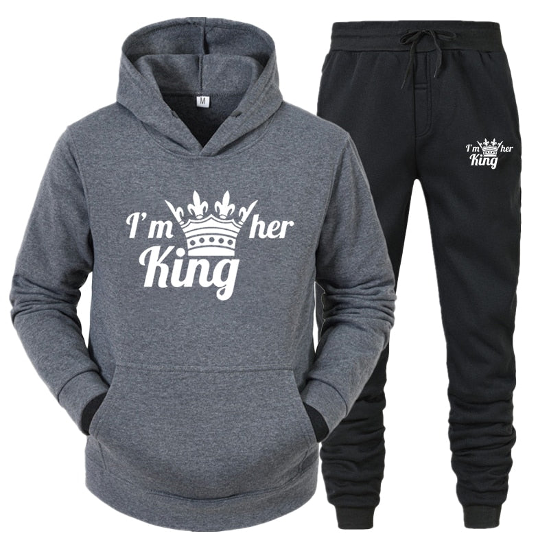 Lover Tracksuit Hoodies Printing QUEEN KING Couple Sweatshirt Plus Size Hooded Clothes Hoodies Women Two Piece Set