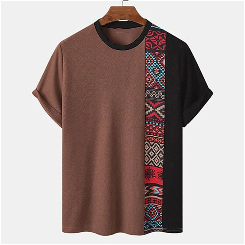 Patchwork Shirt Simple Men's T-shirt Striped Print Short Sleeve