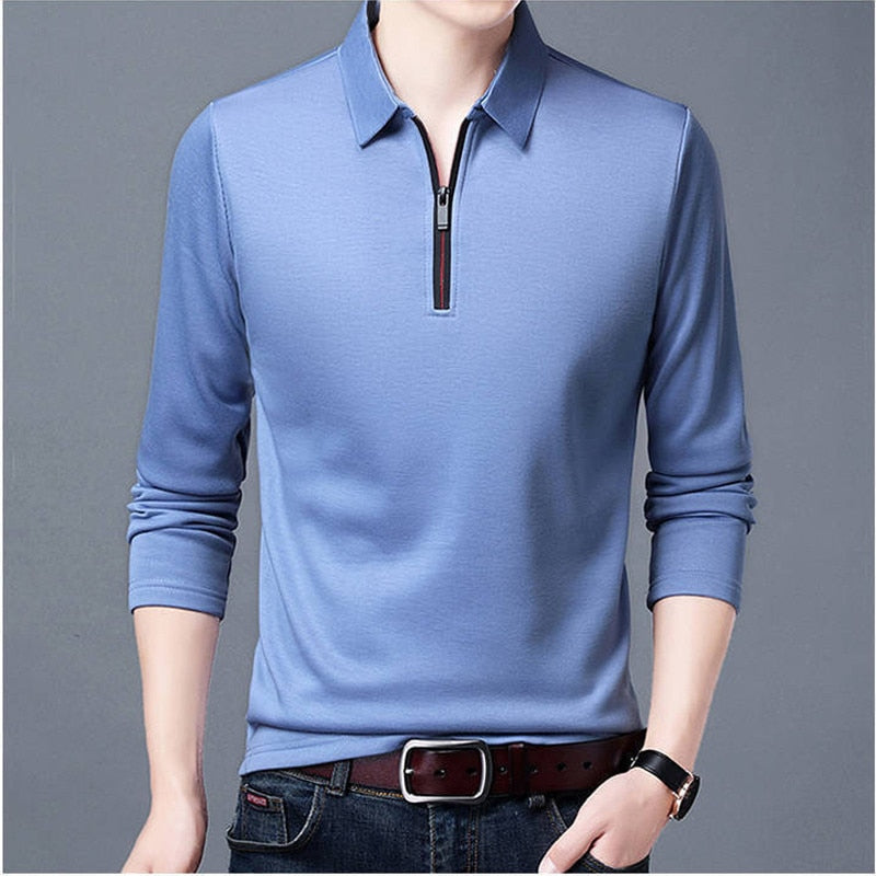 New Men's Solid Polo Shirt Lapel Long-sleeved Polos Shirt Zipper