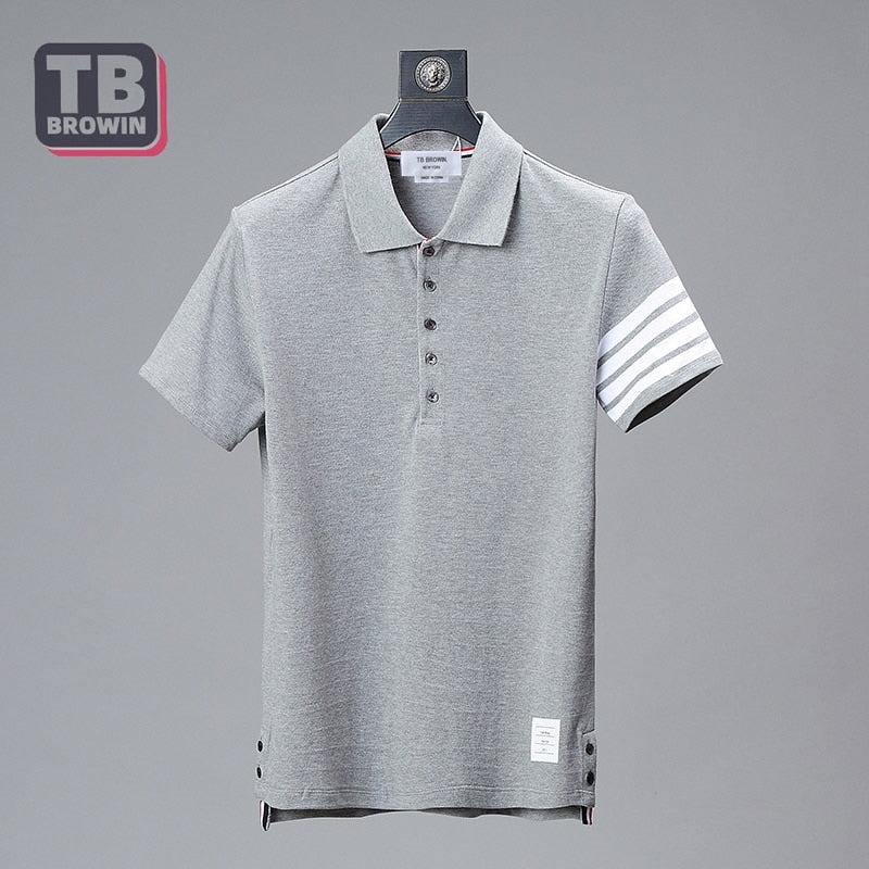 TB BROWIN brand men's half-sleeve four-bar striped cotton luxury lapel short-sleeved T-shirt Thom casual trend couple wear