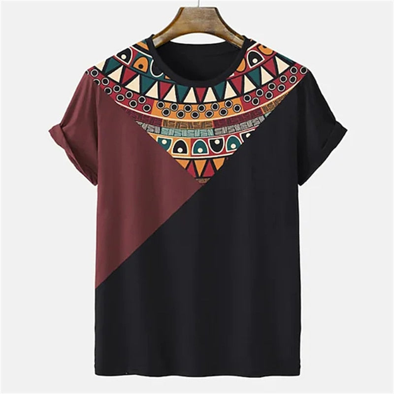 Patchwork Shirt Simple Men's T-shirt Striped Print Short Sleeve