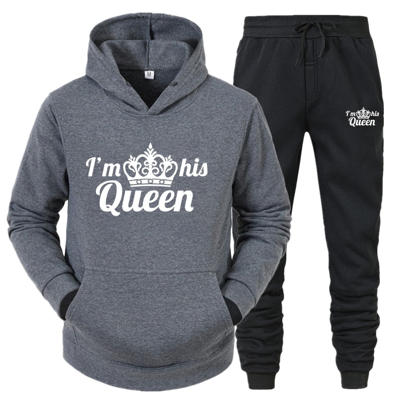 Lover Tracksuit Hoodies Printing QUEEN KING Couple Sweatshirt Plus Size Hooded Clothes Hoodies Women Two Piece Set