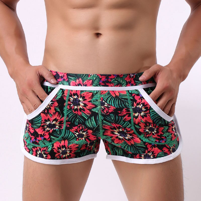 New Mens Shorts Cotton Men Homewear Flower Print Cuecas Underpants for Gay Plus Size Breathable Sexy Shorts Mens Fashion Shorts