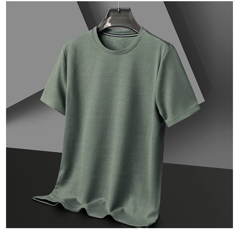 New Summer Waffle Round Neck Short Sleeved T-shirt for Men's Short Sleeved Top