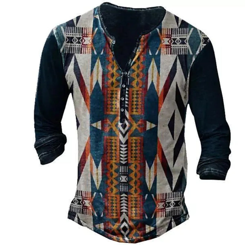 Vintage Men's T-Shirts With Button Ethnic Pattern Print Spring Autumn Loose O-Neck Long Sleeve Oversized T Shirts Male Clothing