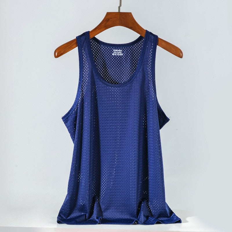 New Mens Mesh Vest Ice Silk Quick-drying Bodybuilding Tank tops Fitness Muscle Sleeveless Narrow Vest Fitness Casual Sport Tops