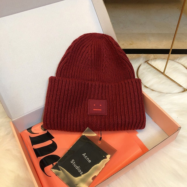 2022 Acne Studios Men's and Women's Winter Hats Face Patch Knit Beanies