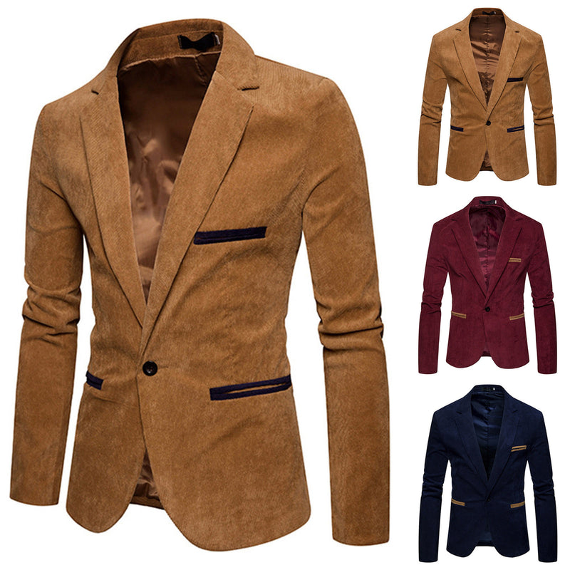 Men Blazer Autumn Winter Casual Corduroy Slim Long Sleeve