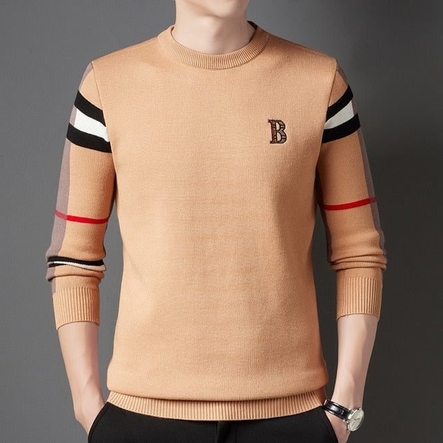 Men Stripe Plaid Pullovers Mens Business Brand Soft Warm Sweaters