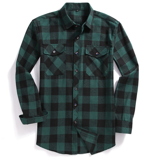 Men Casual Plaid Flannel Shirt Long-Sleeved Chest Two Pocket Design