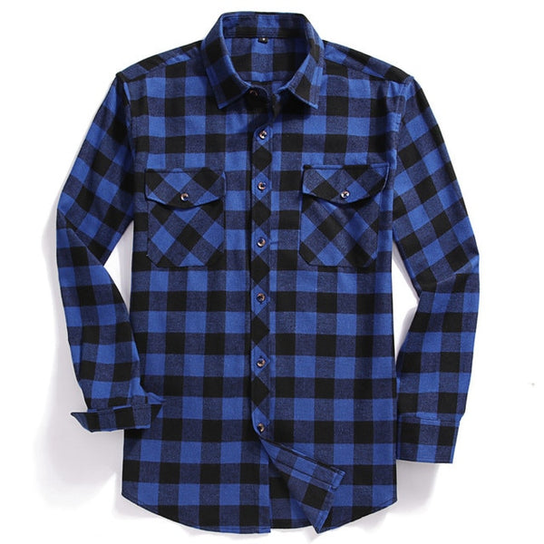 Men Casual Plaid Flannel Shirt Long-Sleeved Chest Two Pocket Design