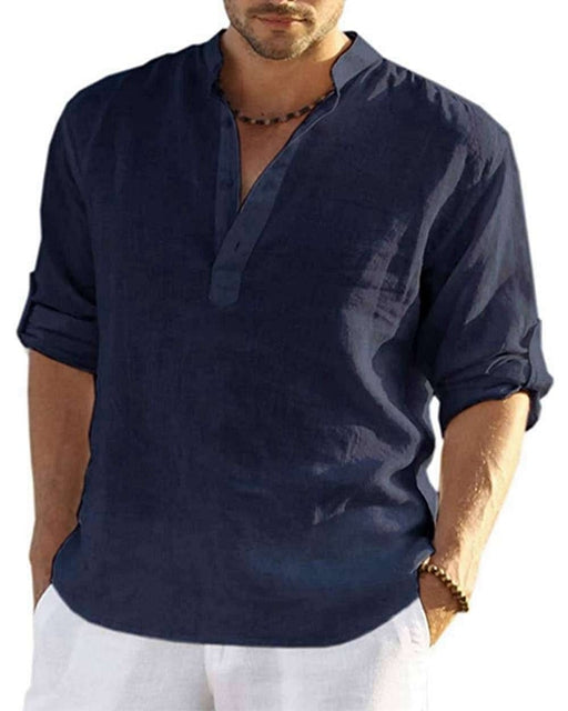 Men Cotton Linen V Neck Long Sleeve Button Tee Shirt