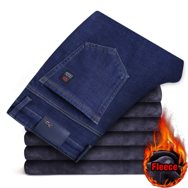 New Men's Fleece Warm Jeans Classic Style  Black Blue Brand Trousers