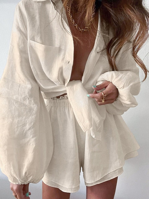 Solid White Loose Fit Outfits Blouse Suit 2 Two Piece Set For Women