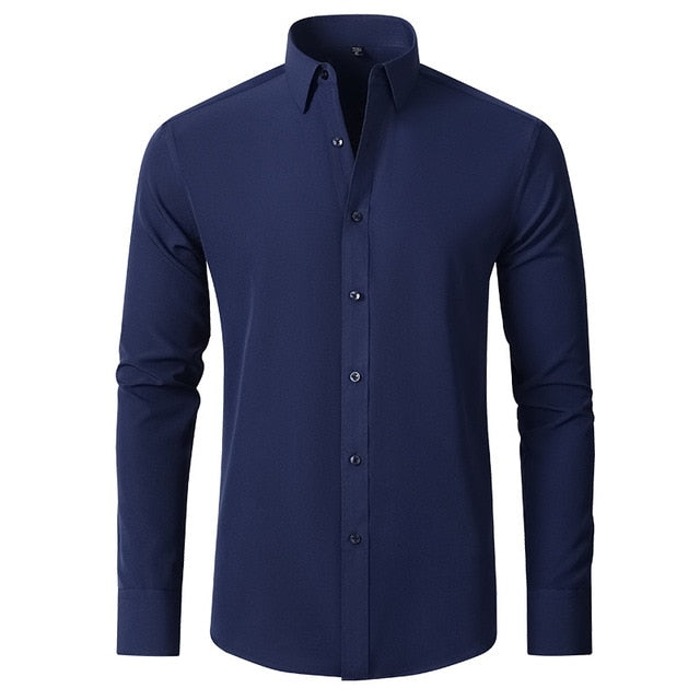 6xl New autumn and winter  elastic force non-iron men's long-sleeved business casual shirt solid color mercerized vertical shirt