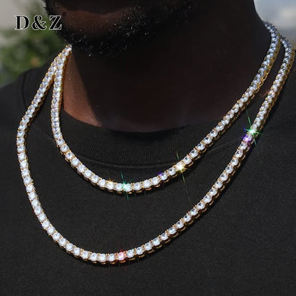 D&Z 3MM-6MM Spring buckle Iced Out Full Cubic Zircon 1 Row Tennis Chain Necklace Gold Silver Color Hip Hop Jewelry