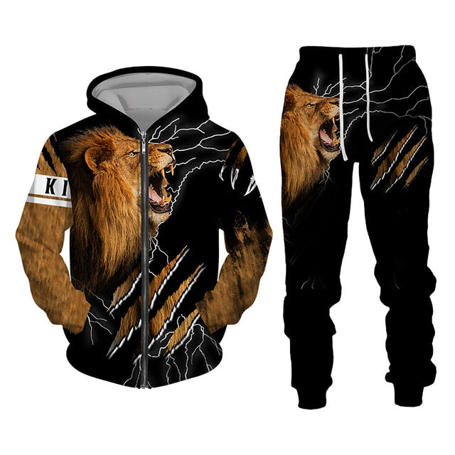 Autumn and Winter Men's Tracksuit 3D The Lion Print Zipper Hoodies Sweatshirts Pants Sets Casual Mens Clothing Women's Tracksuit