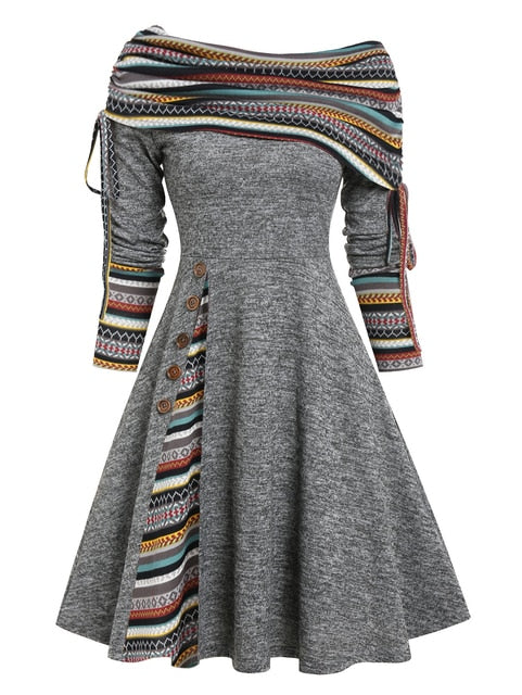 Convertible Cinched Striped Flare Dress Foldover Off The Shoulder Knitted Dresses Women 2022 Long Sleeve Jurken