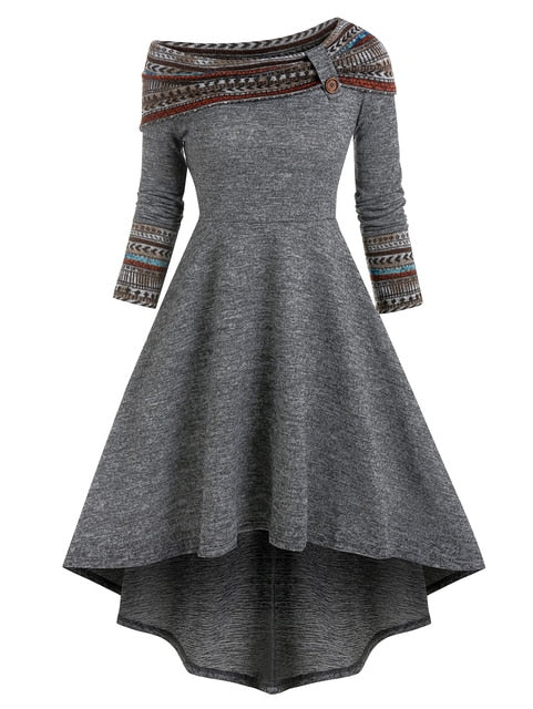 Convertible Cinched Striped Flare Dress Foldover Off The Shoulder Knitted Dresses Women 2022 Long Sleeve Jurken