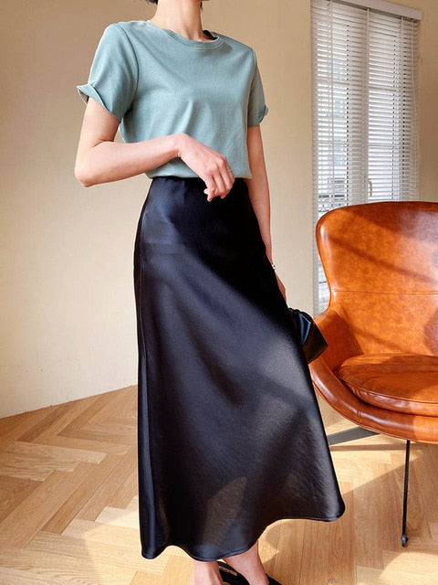 Elegant Women's Skirts Korean Fashion Satin Silk A-line Skirt Office Black Champagne Long Summer Skirts Woman Fashion 2022