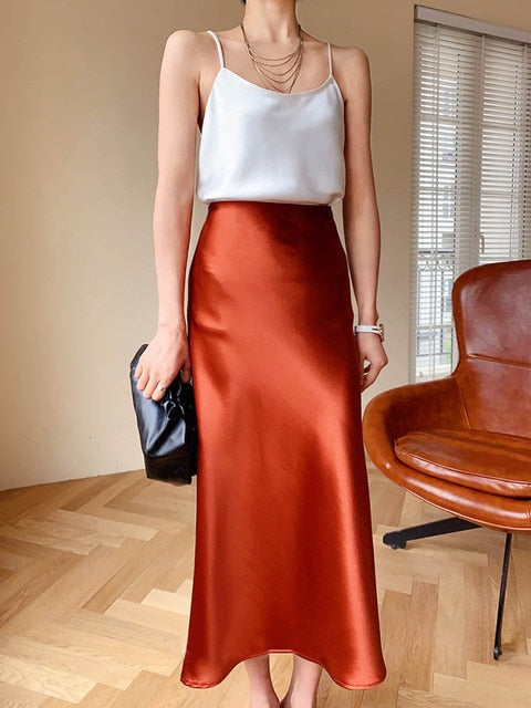 Elegant Women's Skirts Korean Fashion Satin Silk A-line Skirt Office Black Champagne Long Summer Skirts Woman Fashion 2022