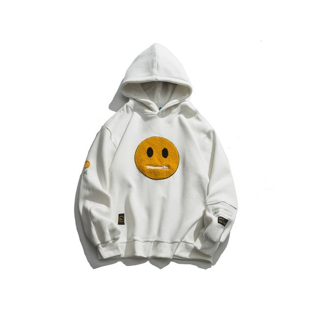 GONTHWID Zipper Pocket Smile Face Patchwork Fleece Hoodies