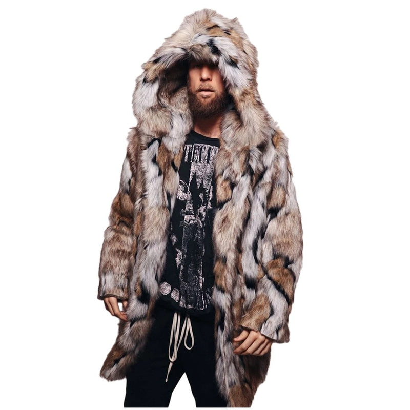 Fashion Mens Warm Leopard Thick Hooded Coat Jacket Faux Fur Outwear Overcoat Mens Warm Leopard Thick Hooded Coat Outwear